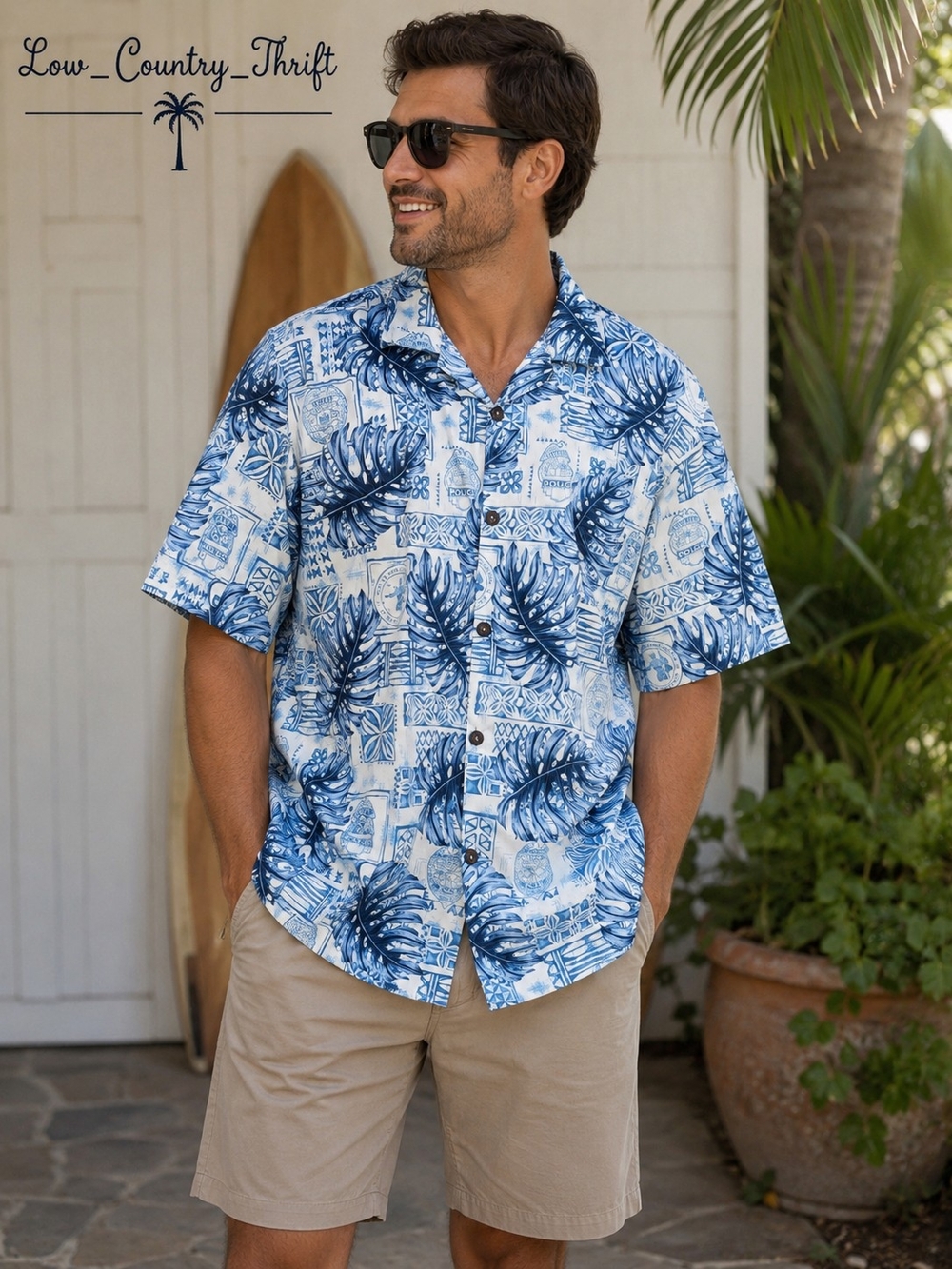 Hawaiian Fabric XXL Blue White Hawaii Police Print Aloha Button Up Shirt